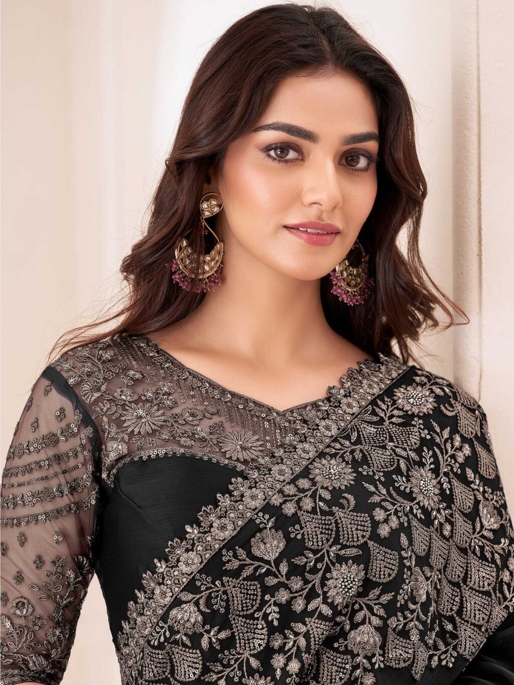 Black Black Party Wear Pure Chiffon Embellished Saree