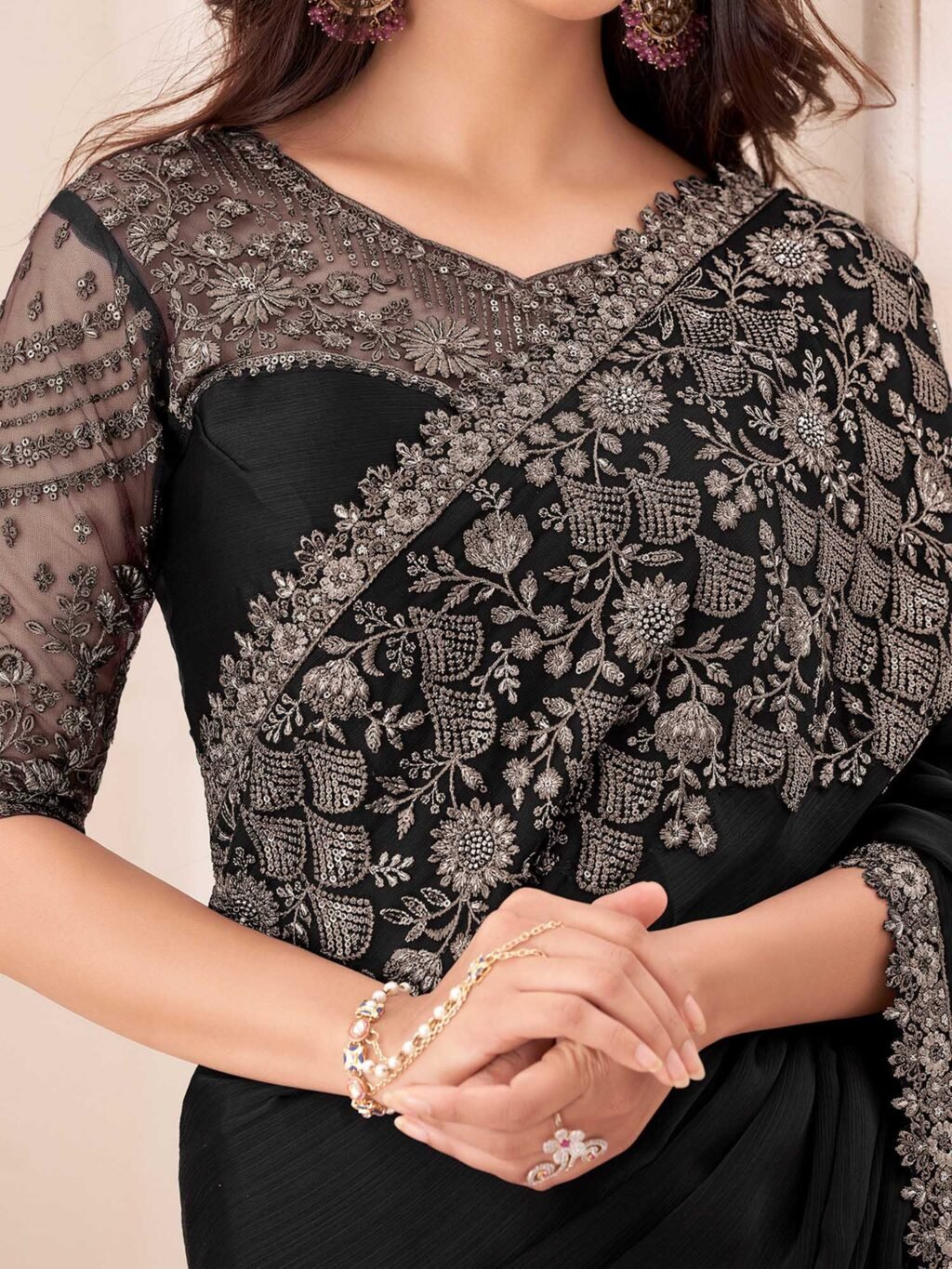 Black Party Wear Pure Chiffon Embellished Saree - Image 4