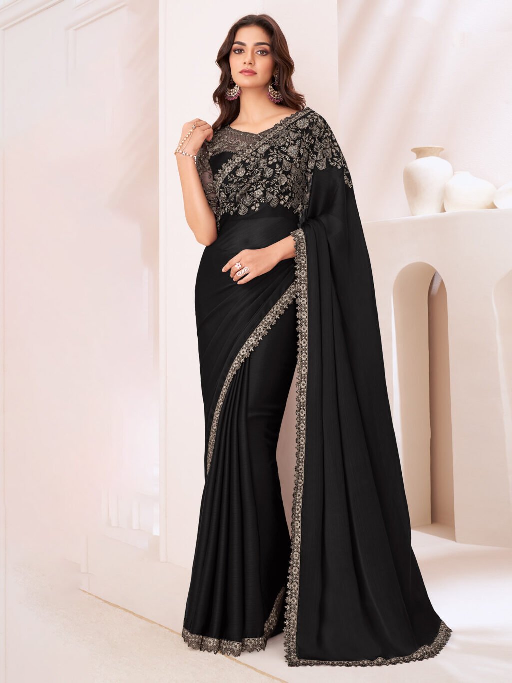 Black Party Wear Pure Chiffon Embellished Saree - Image 3