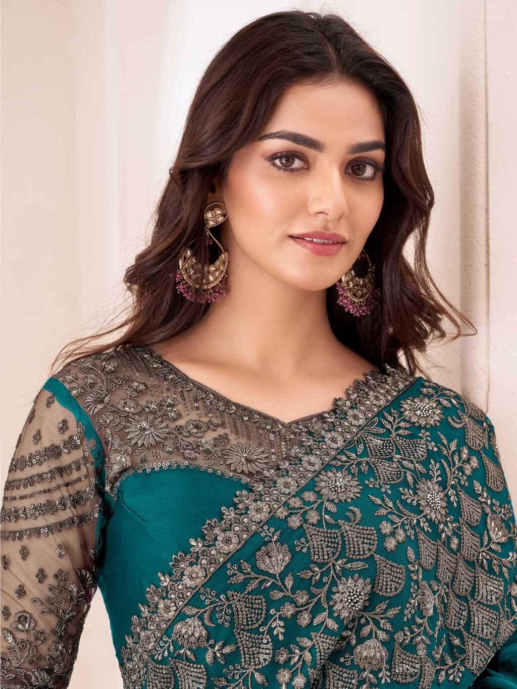 Blue Teal Party Wear Pure Chiffon Embellished Saree