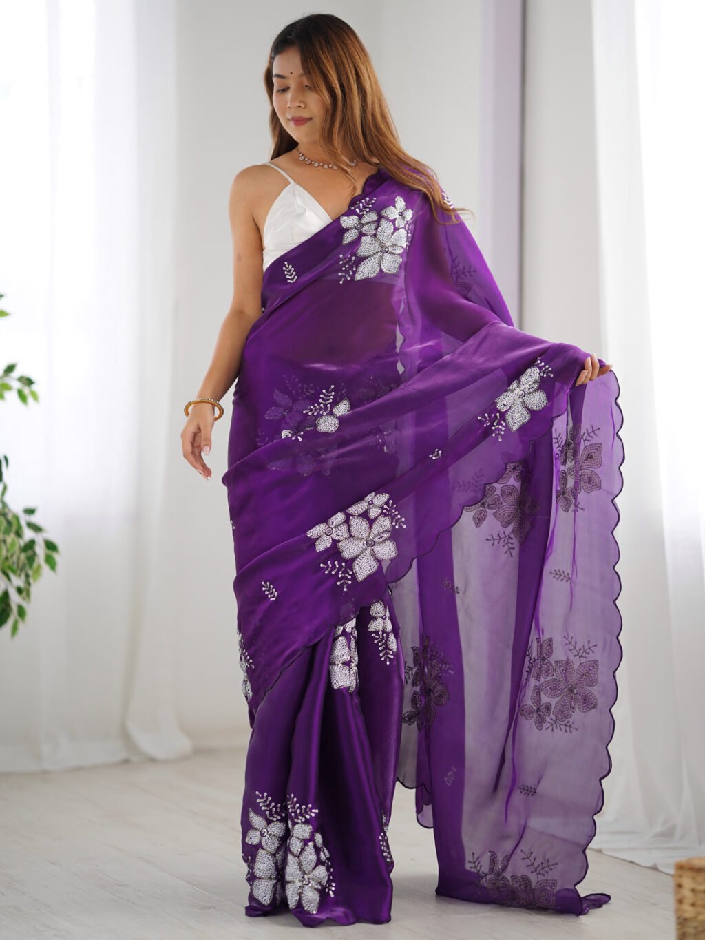 Purple Party Wear Organza Embellished Saree - Image 3