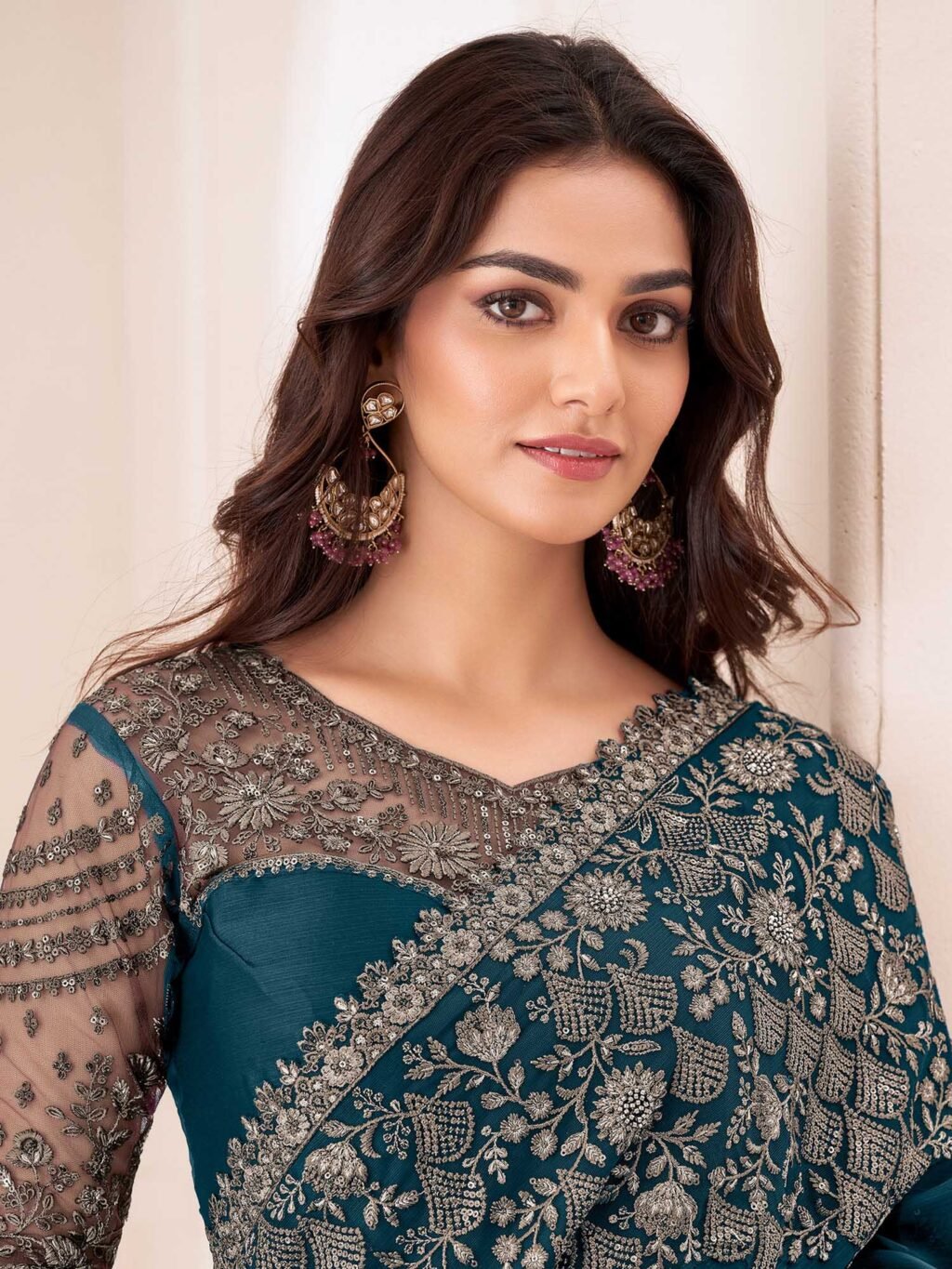 Blue Teal Party Wear Pure Chiffon Embellished Saree