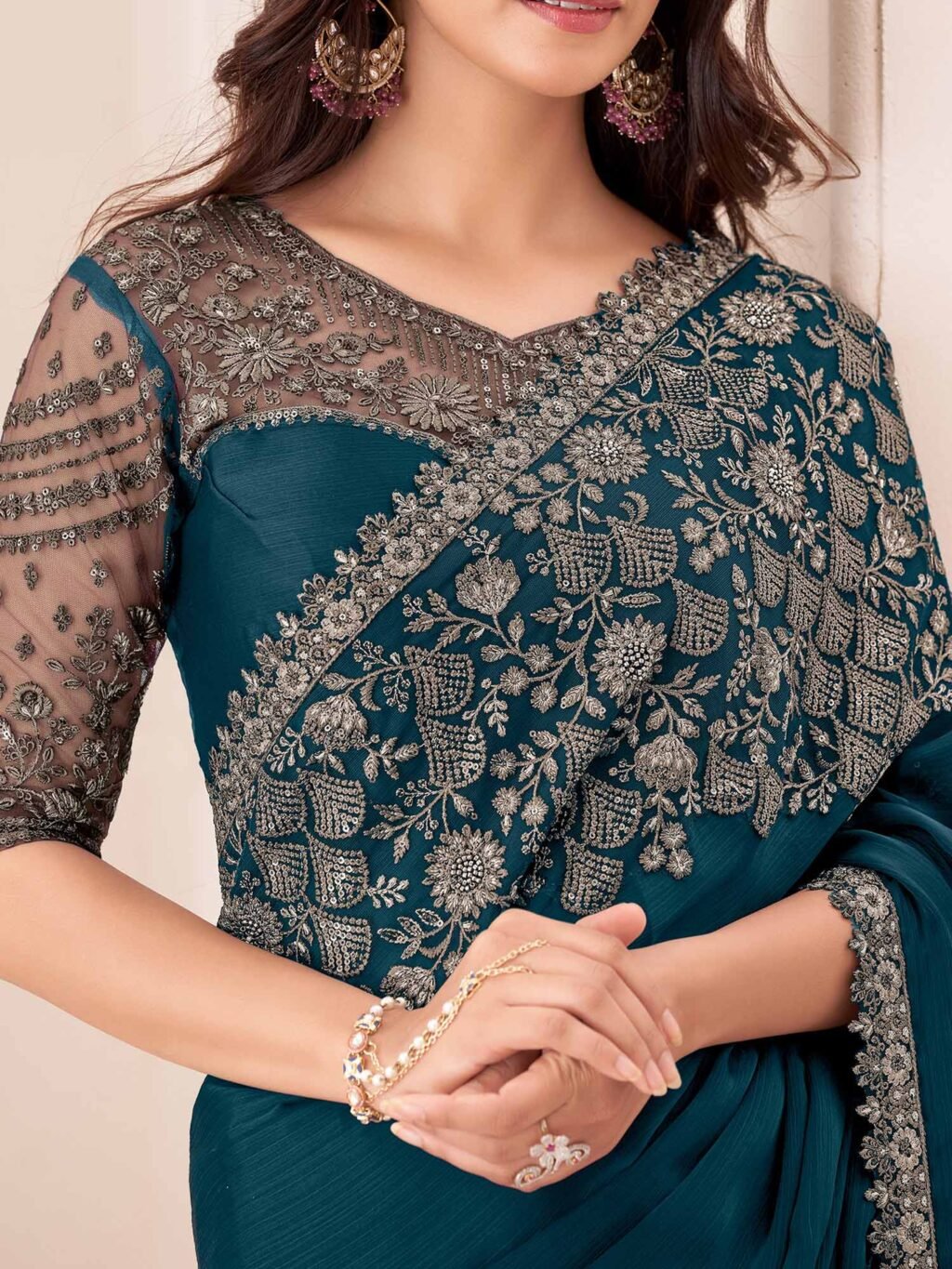Teal Party Wear Pure Chiffon Embellished Saree - Image 4