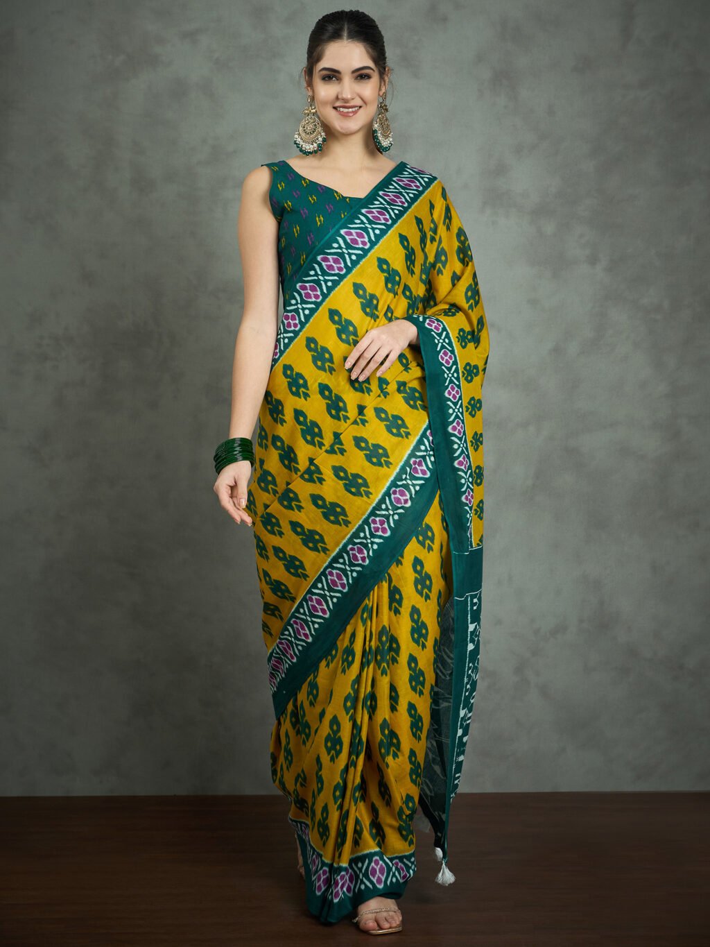 Yellow Mustard Bagh Cotton Printed Saree