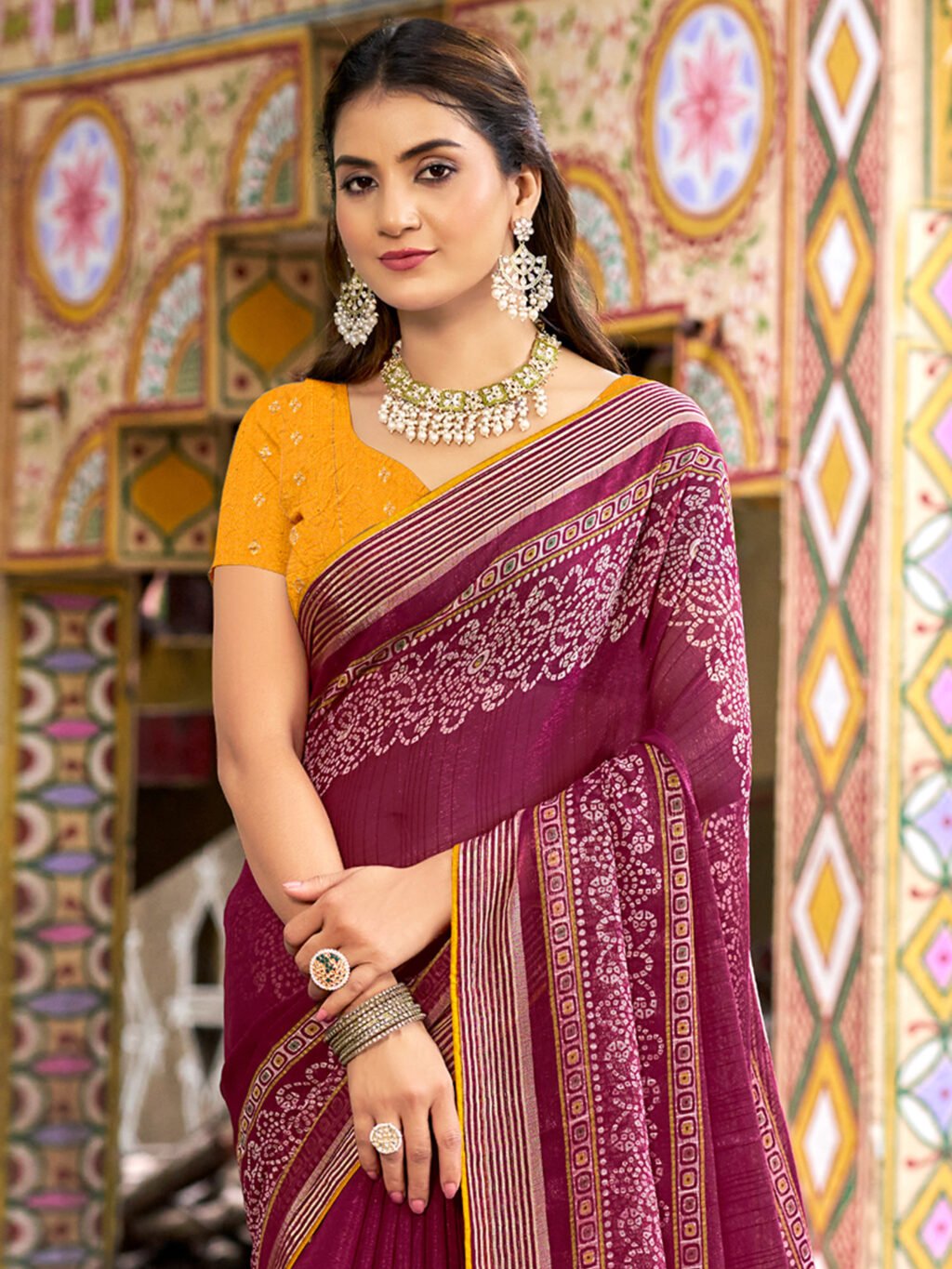 Purple Magenta Bandhani Chiffon Printed Saree