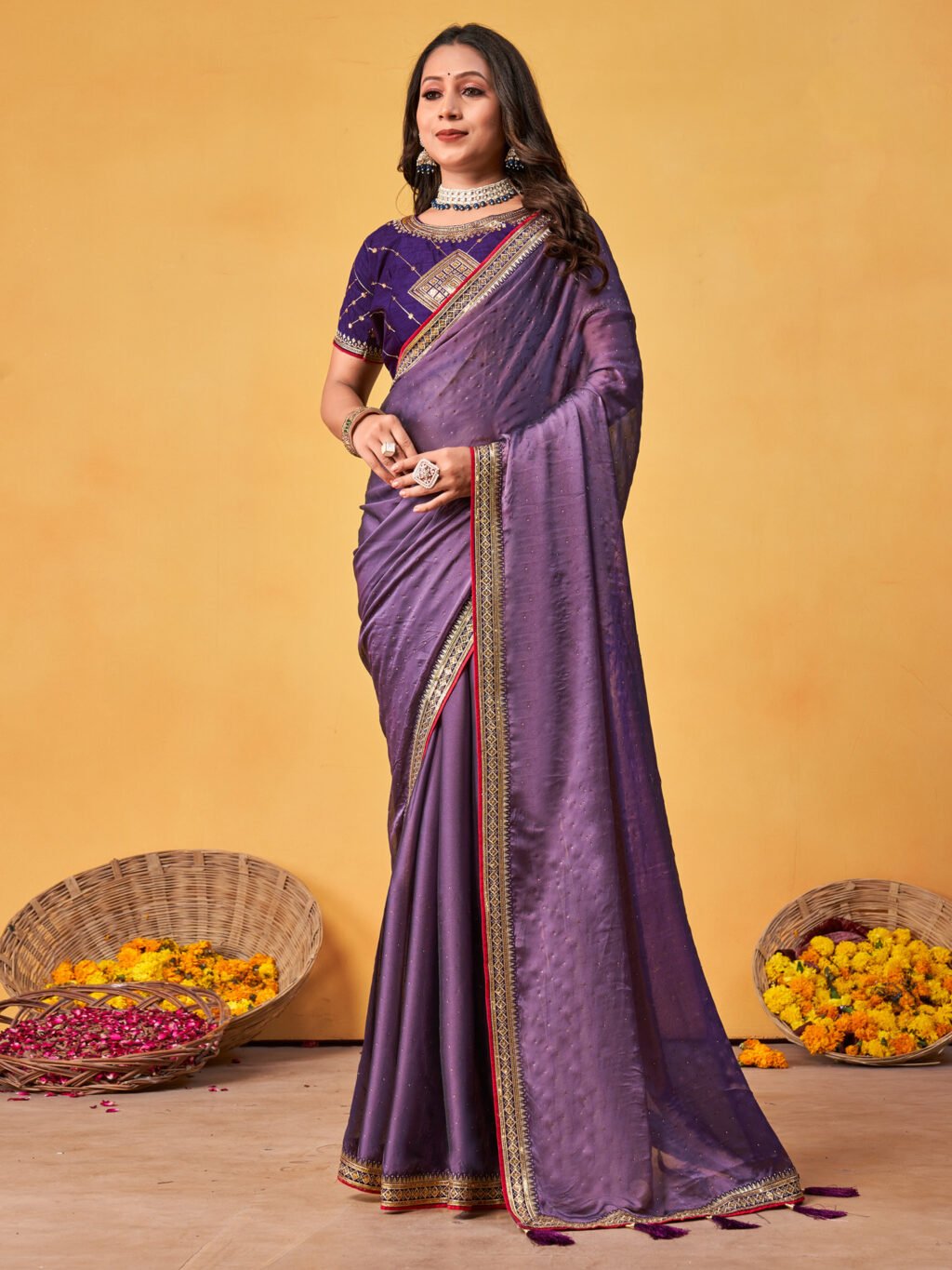 Lavendar Party Wear Georgette Embroidered Saree - Image 4