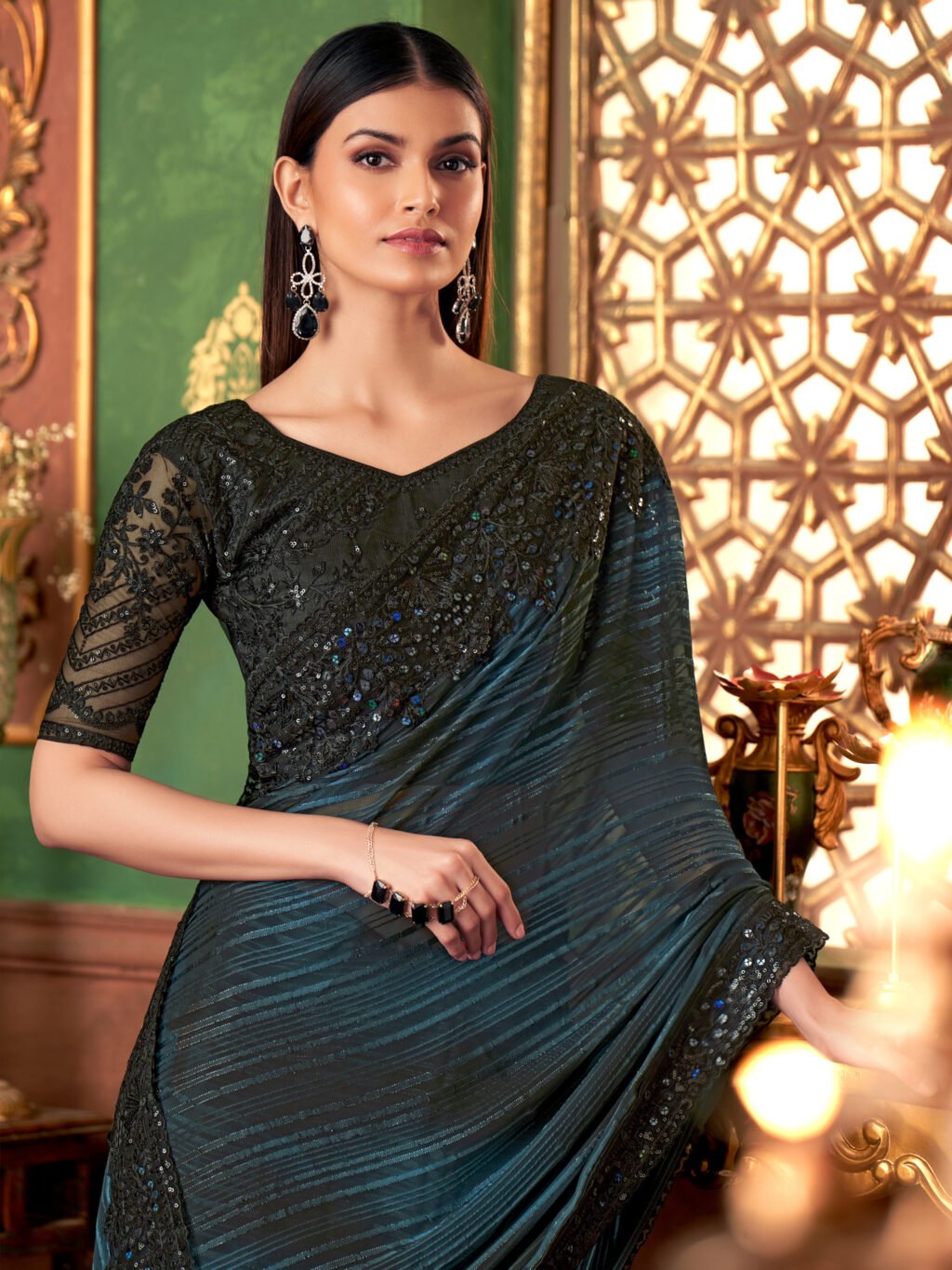 Blue Teal Party Wear Pure Georgette Embellished Saree