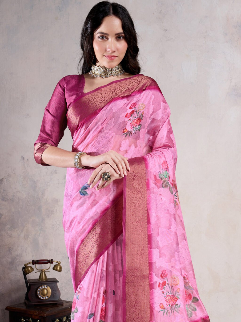 Pink Sungudi Organza Woven Saree - Image 3