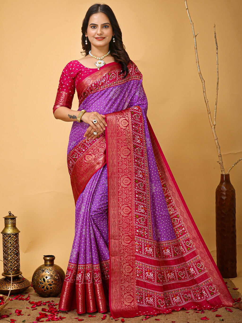 Lavender Violet Patola Dola Silk Printed Saree