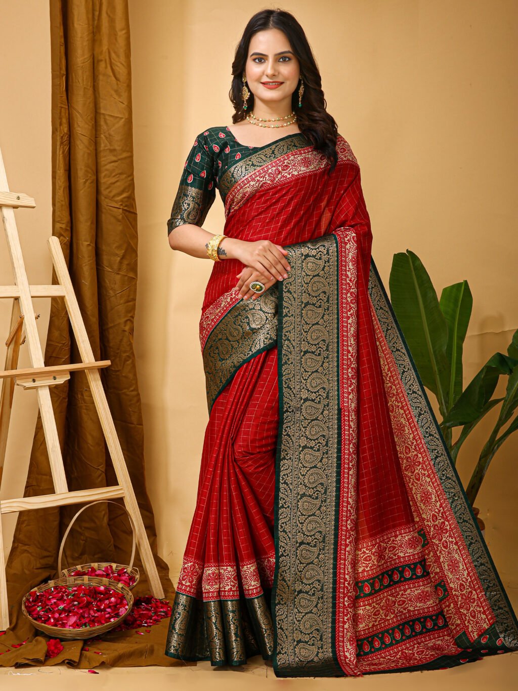 Red Red Taant Cotton Silk Printed Saree
