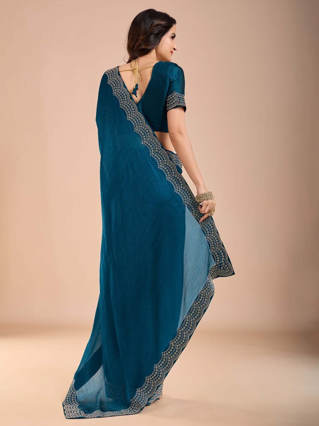 Teal Party Wear Tissue Embellished Saree - Image 4
