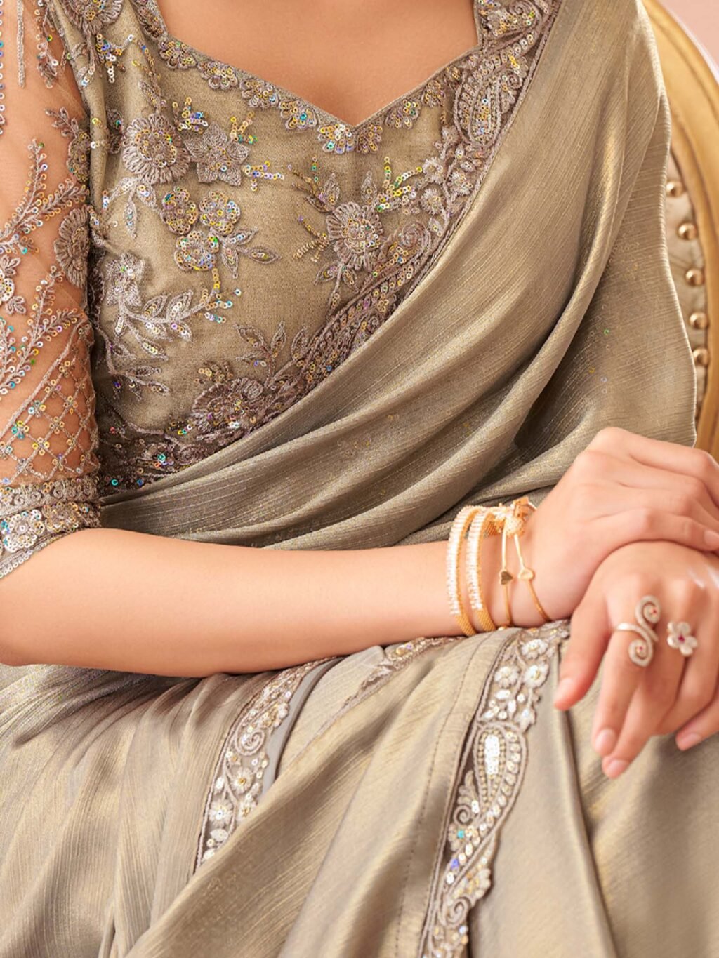 Grey Party Wear Chiffon Embellished Saree - Image 4