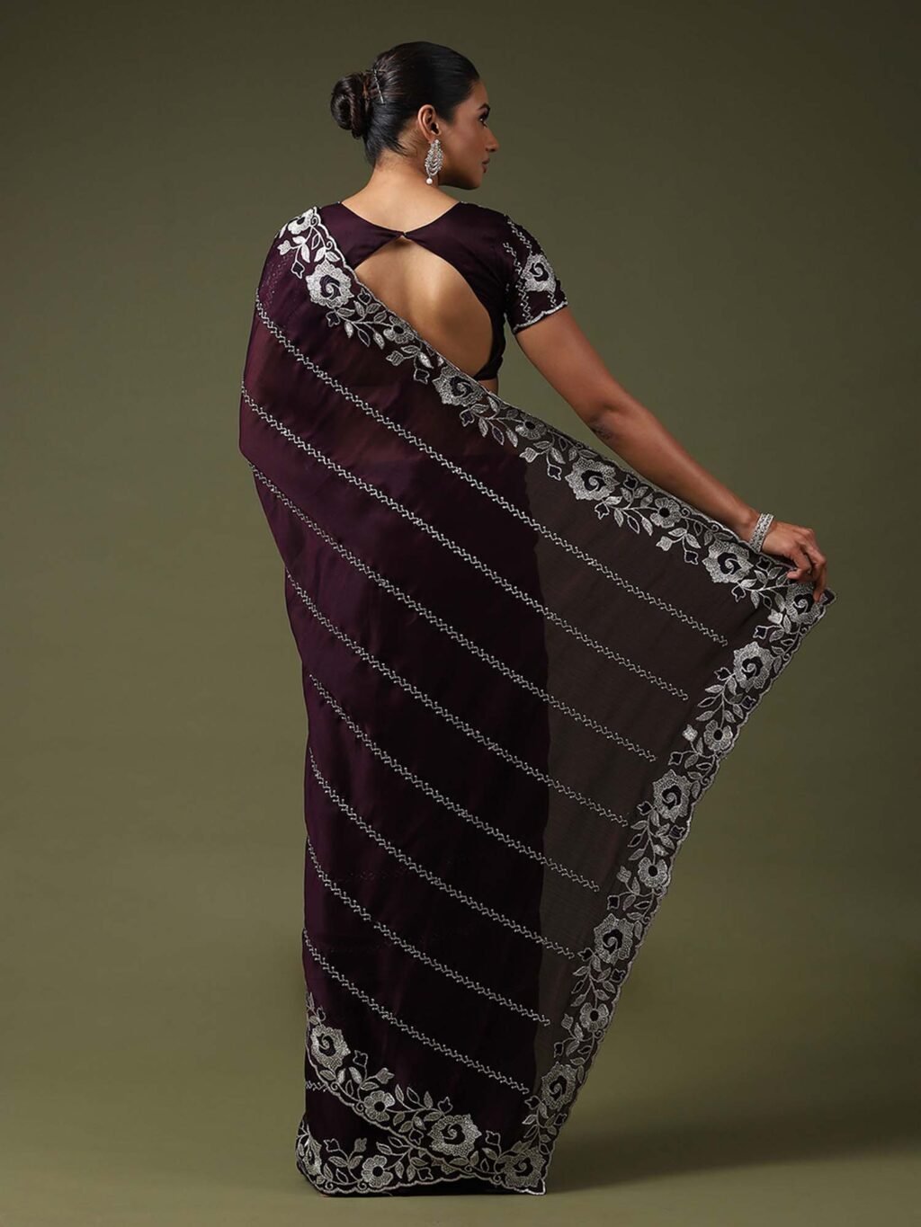 Purple Party Wear Satin Silk Embroidered Saree - Image 3