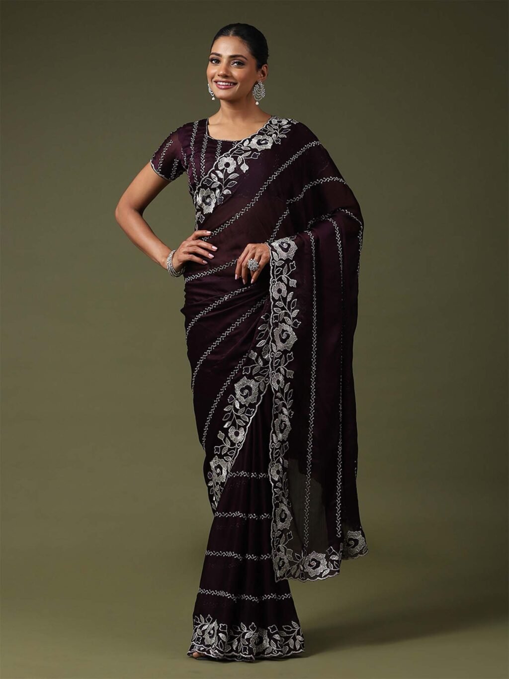 Purple Purple Party Wear Satin Silk Embroidered Saree