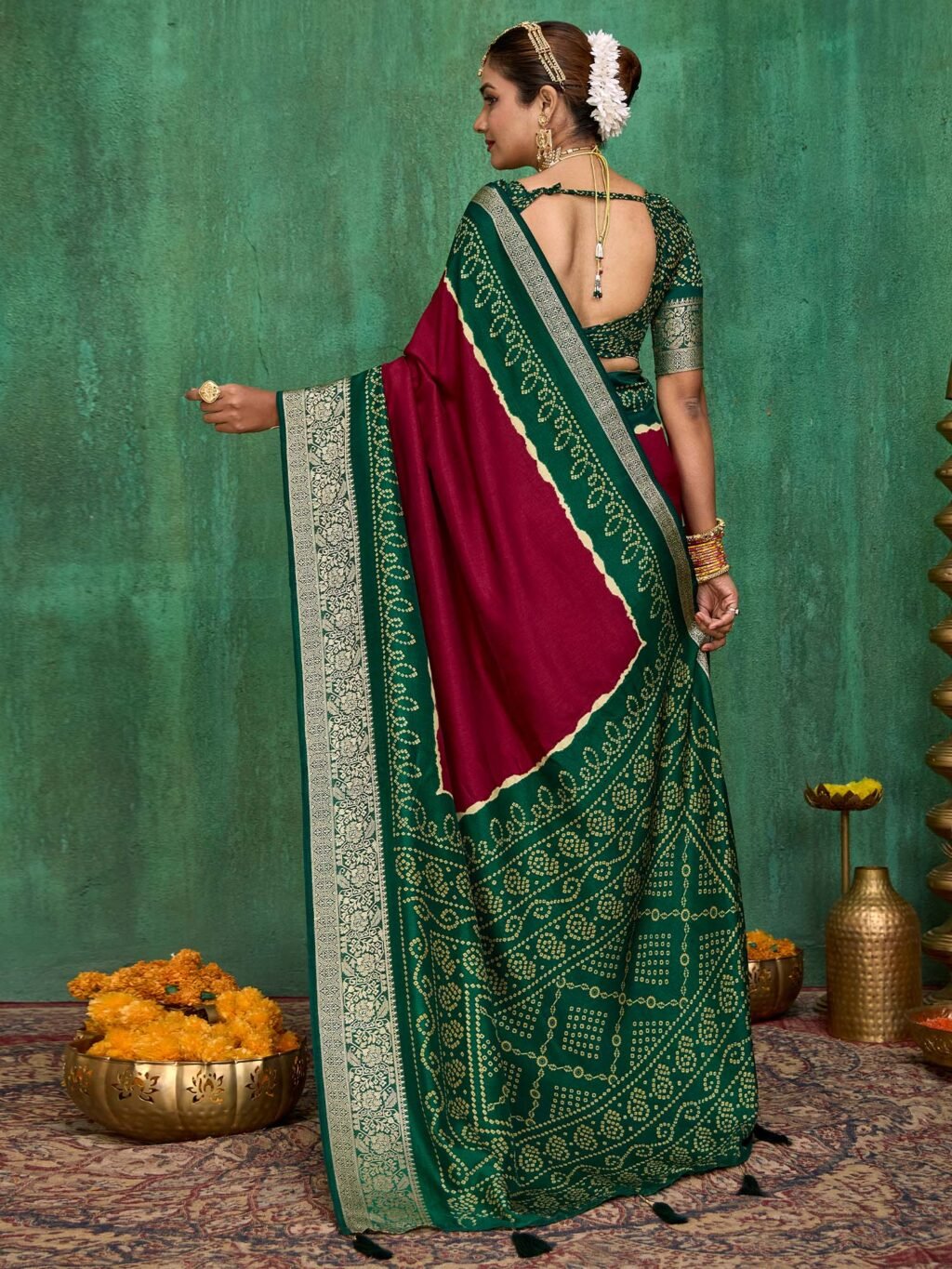 Maroon Bandhani Tussar Silk Printed Saree - Image 3