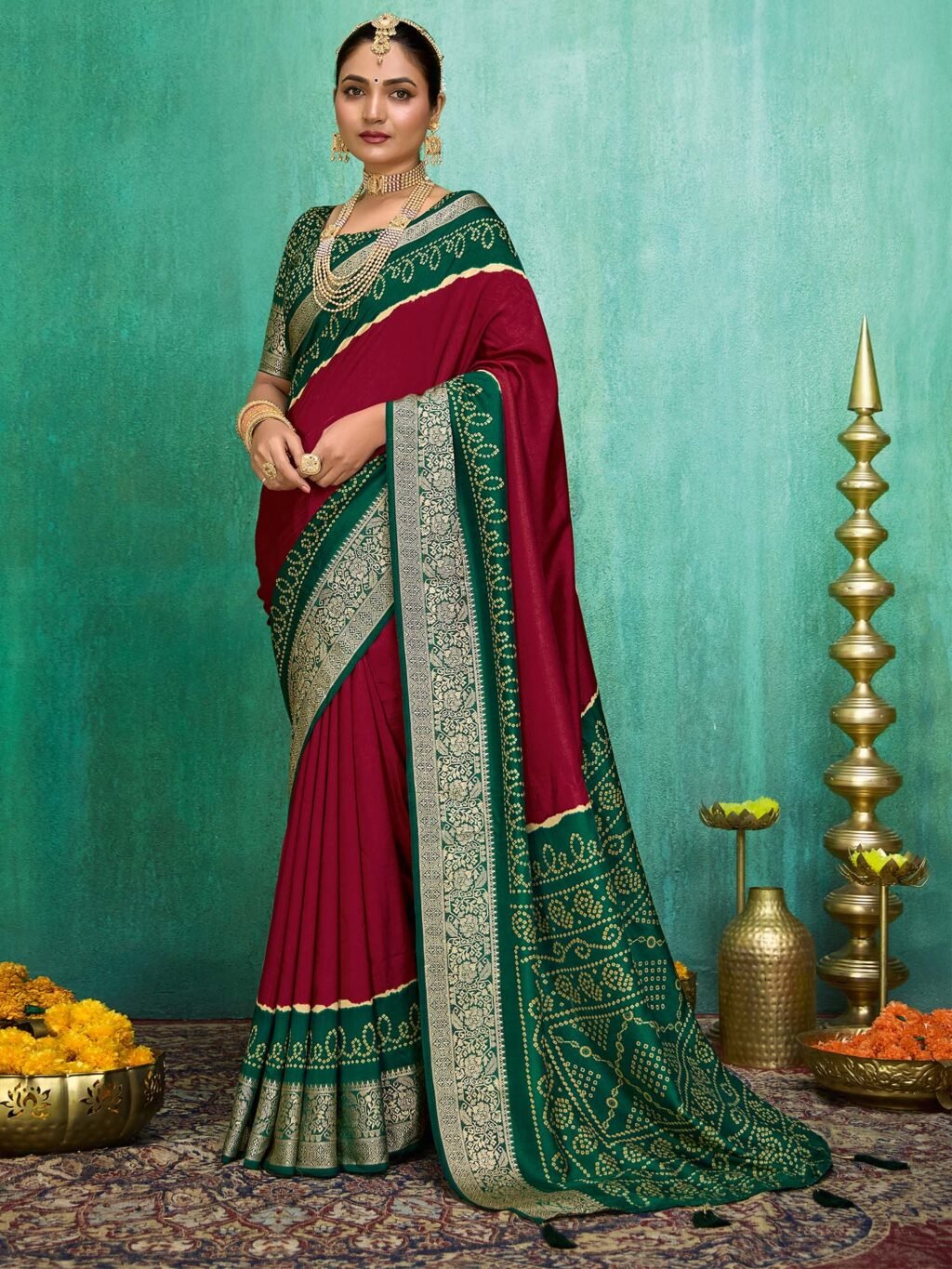 Maroon Maroon Bandhani Tussar Silk Printed Saree