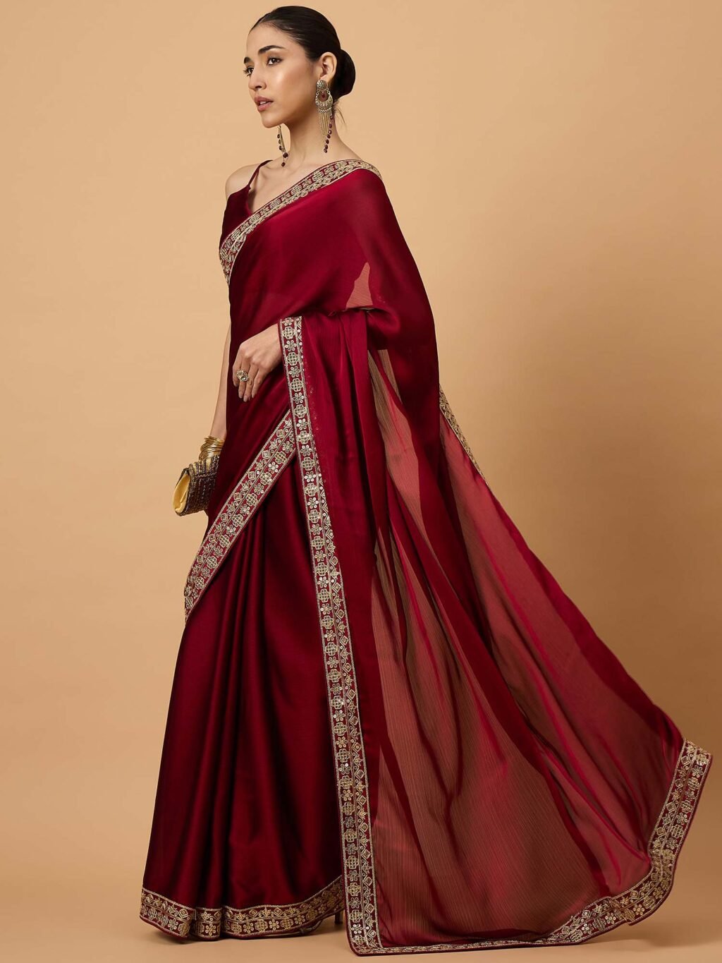 Maroon Party Wear Satin Embellished Saree - Image 3