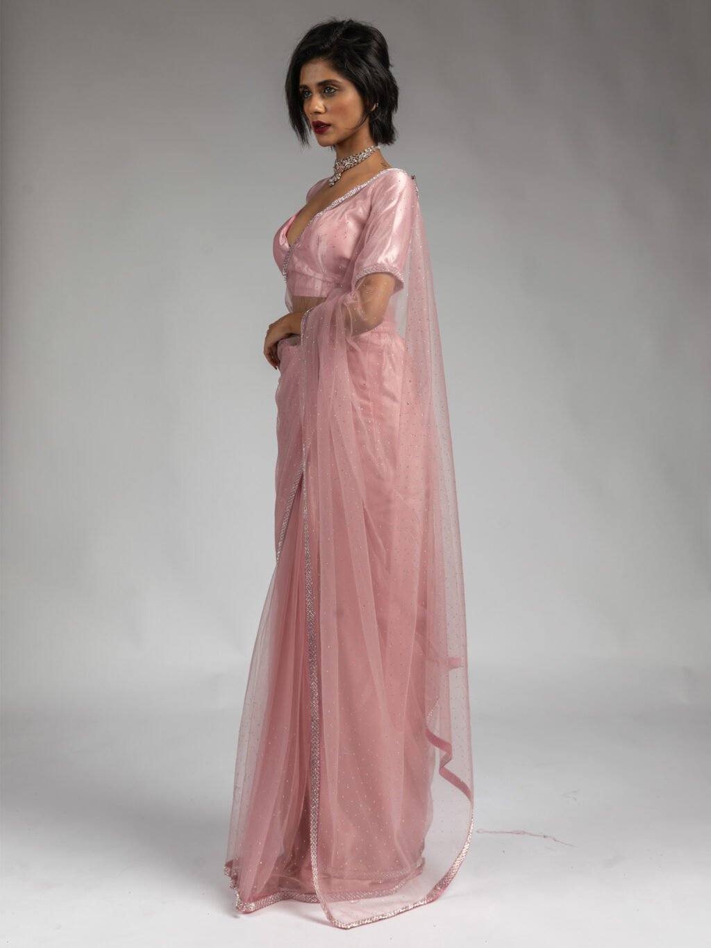 Pink Party Wear Net Embellished Saree - Image 4