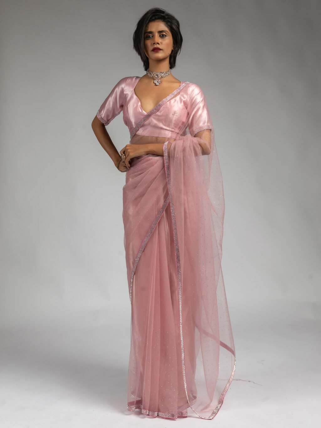 Pink Pink Party Wear Net Embellished Saree