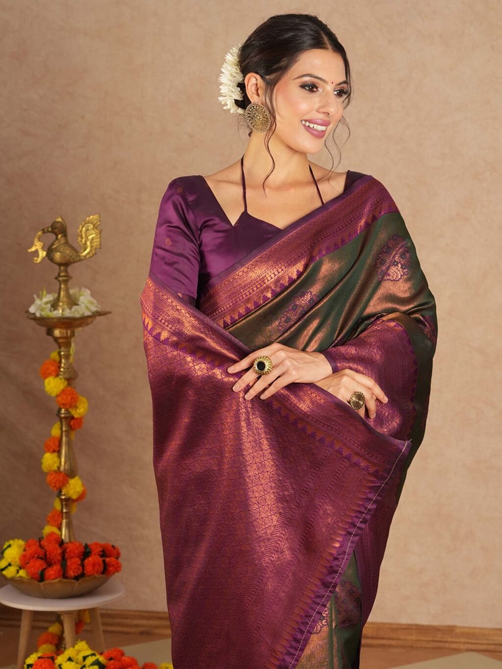 Green Olive Maheshwari Banarasi Silk Woven Saree