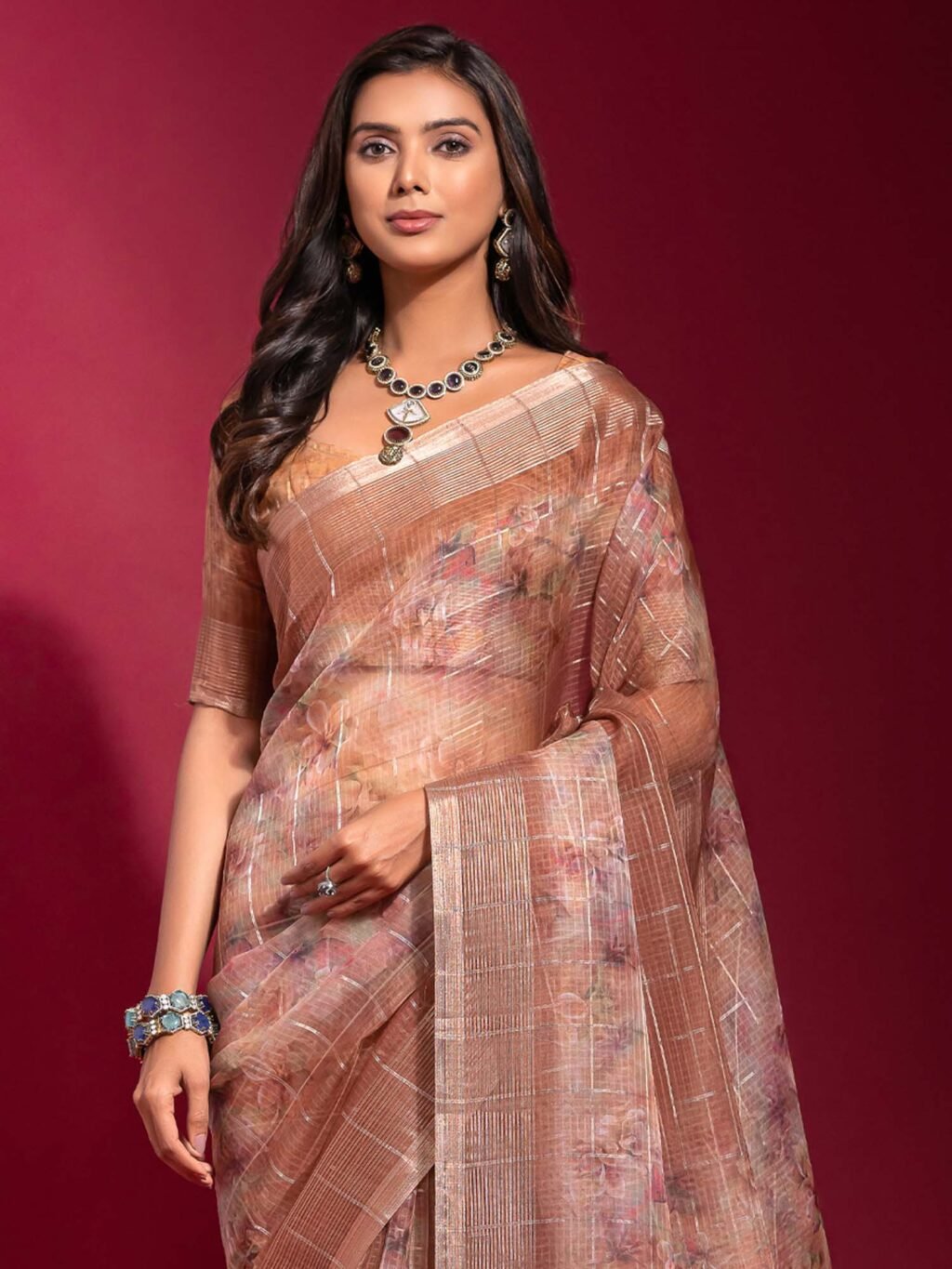 Brown Brown Party Wear Linen Blend Embellished Saree