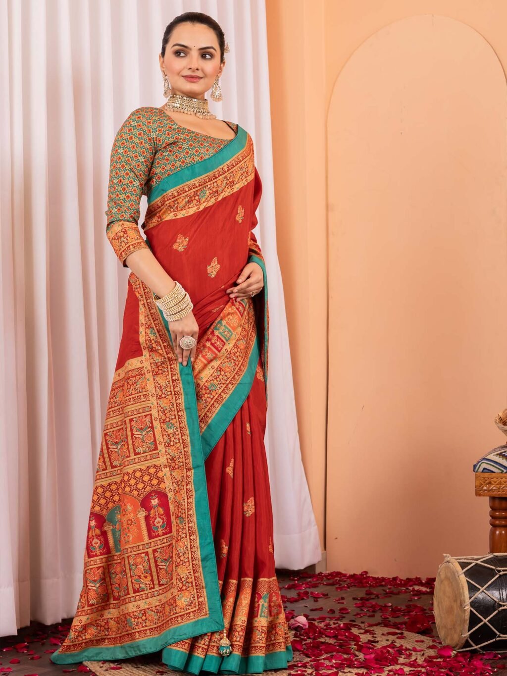 Rust Tussar Silk Blend Printed Saree - Image 3