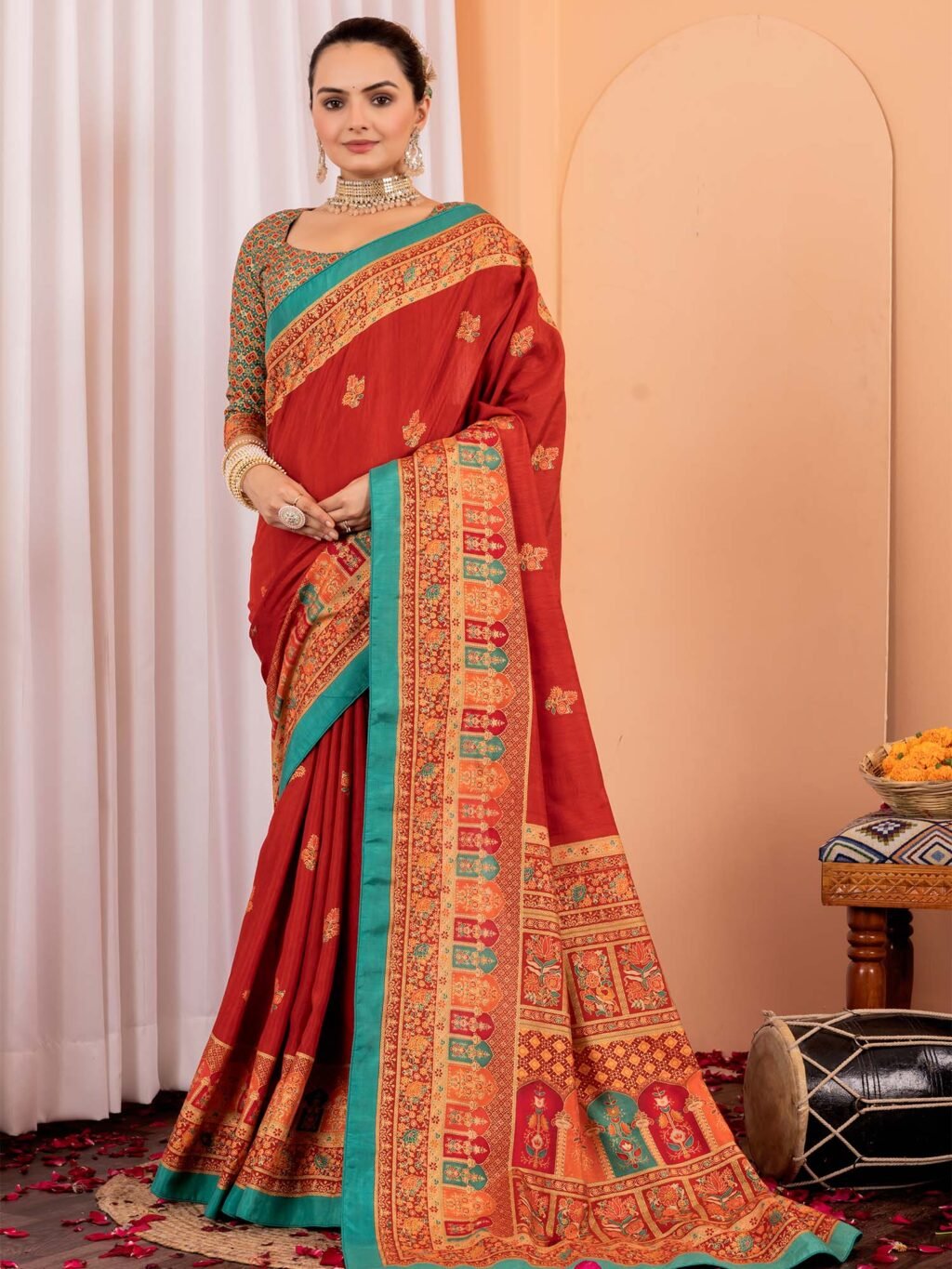 Rust Rust Tussar Silk Blend Printed Saree