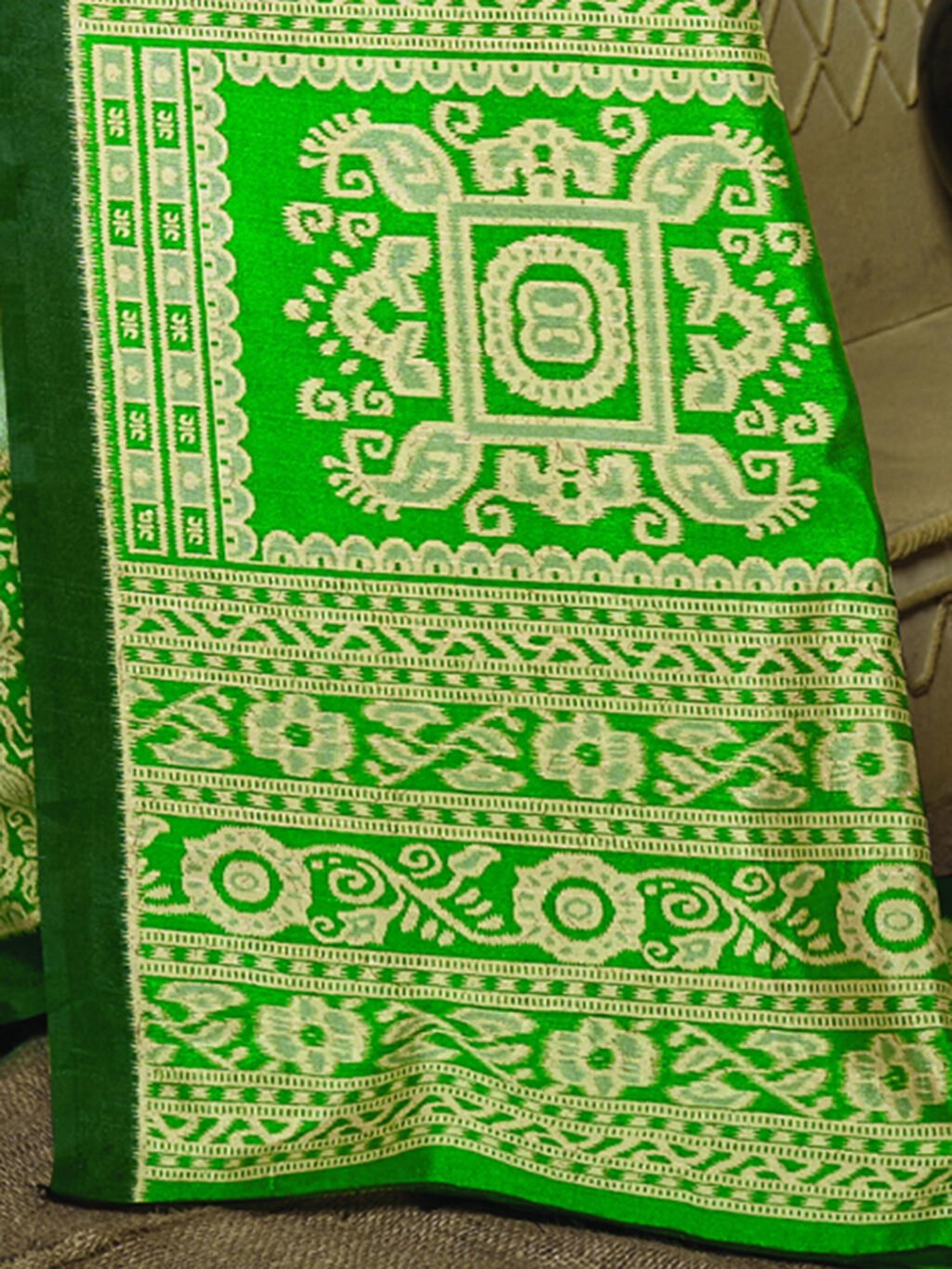 Green Ikat Bhagalpuri Silk Printed Saree - Image 4