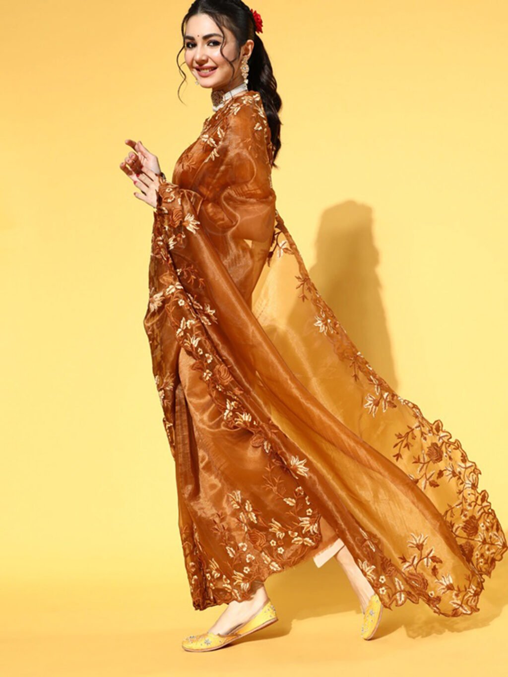 Brown Party Wear Organza Embroidered Saree - Image 3