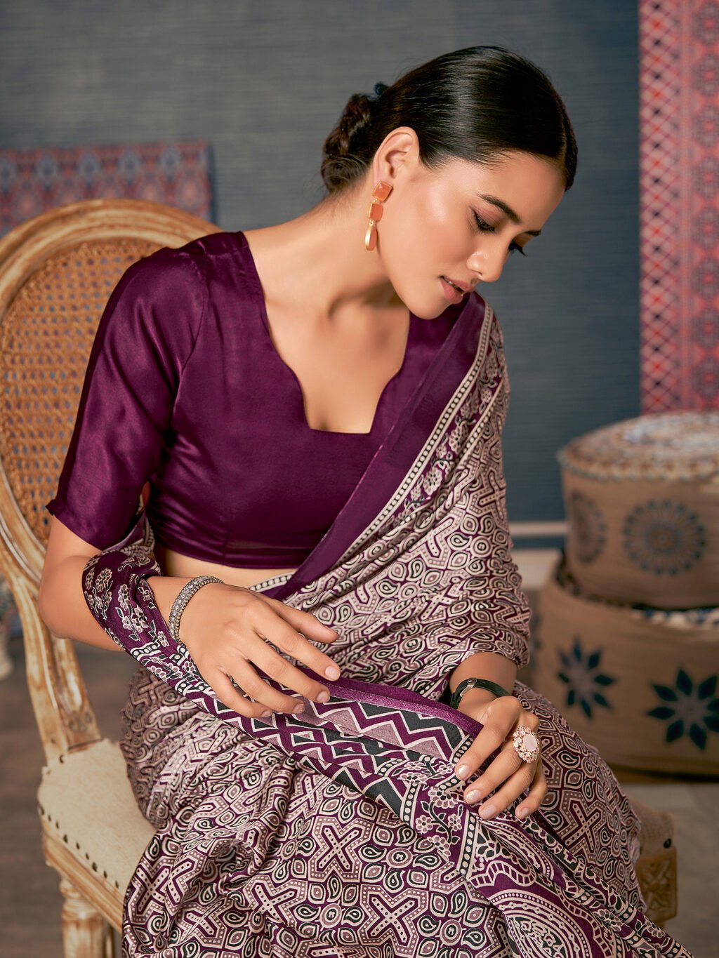 Purple Block Print Crepe Digital Print Saree - Image 3