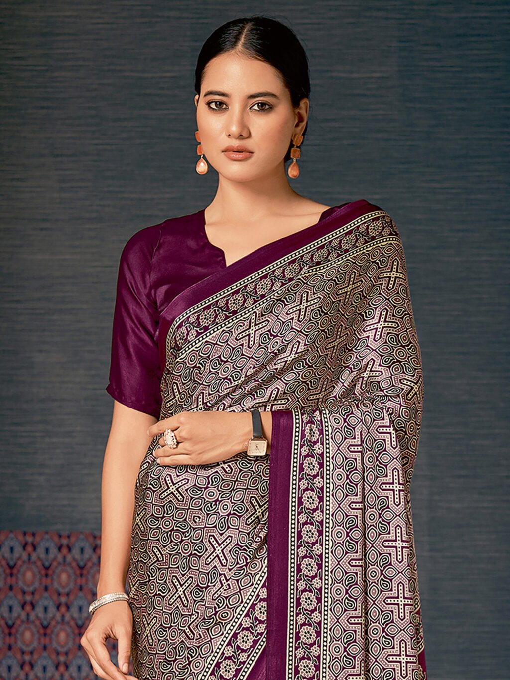 Purple Block Print Crepe Digital Print Saree - Image 4