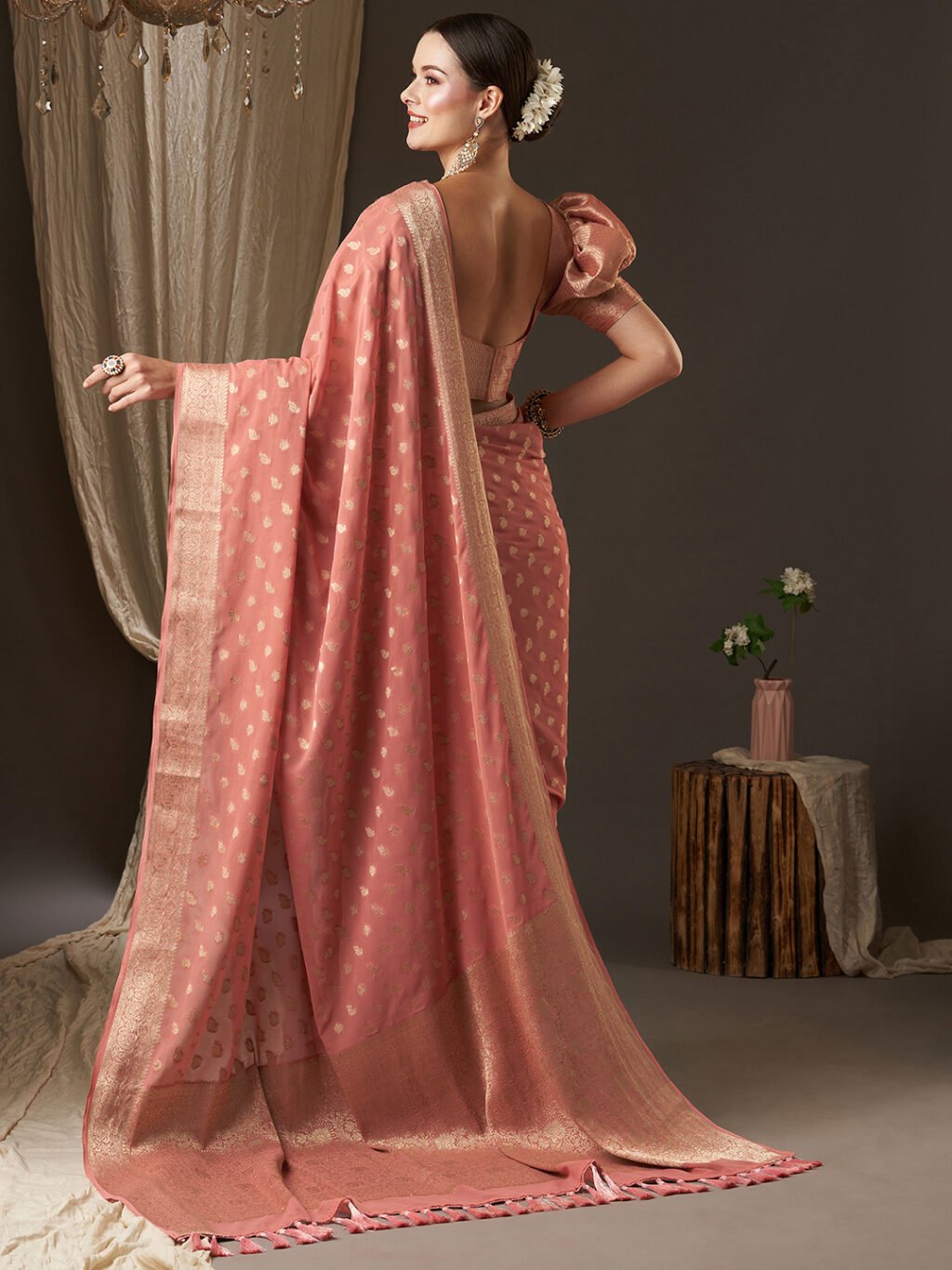 Peach Kanjeevaram Georgette Woven Saree - Image 3