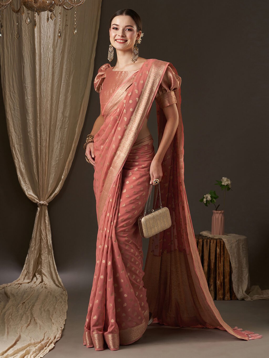 Peach Kanjeevaram Georgette Woven Saree - Image 4