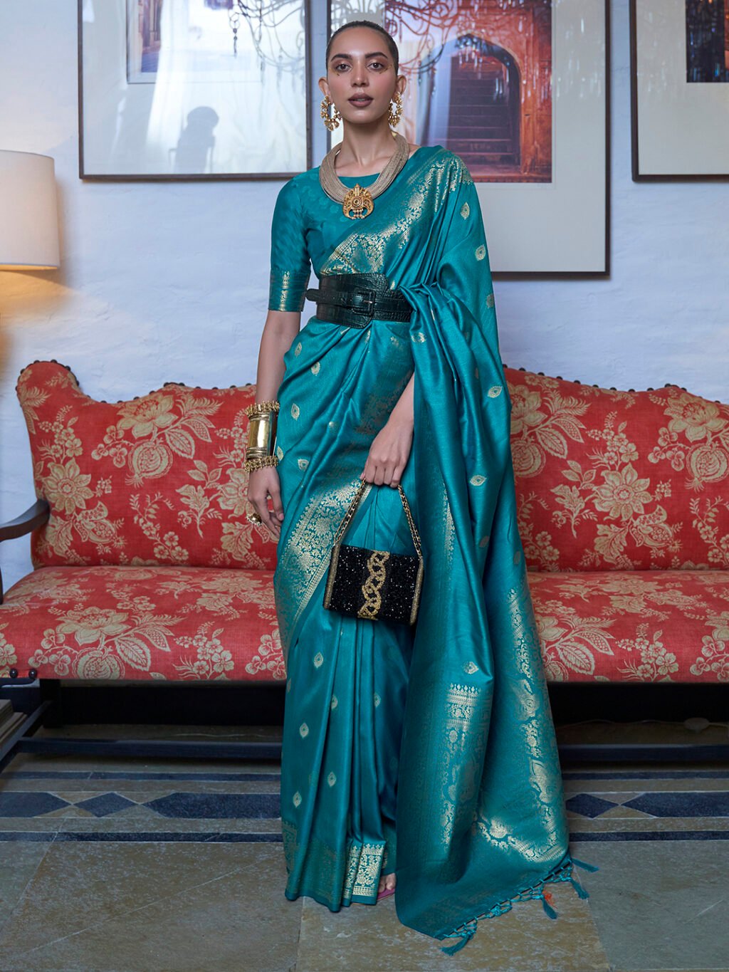 Blue Tealblue Chanderi Silk Blend Woven Saree