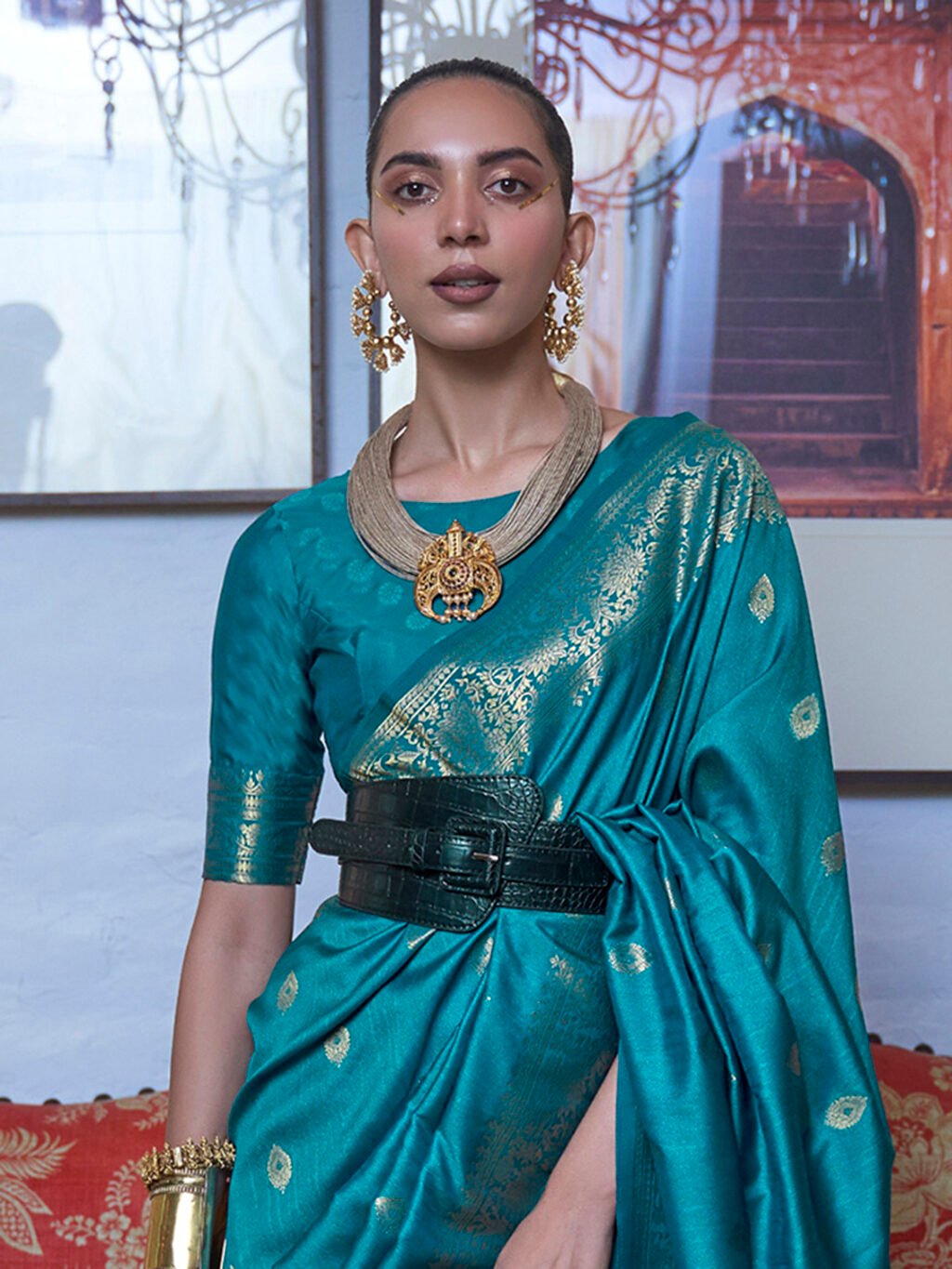 Tealblue Chanderi Silk Blend Woven Saree - Image 3