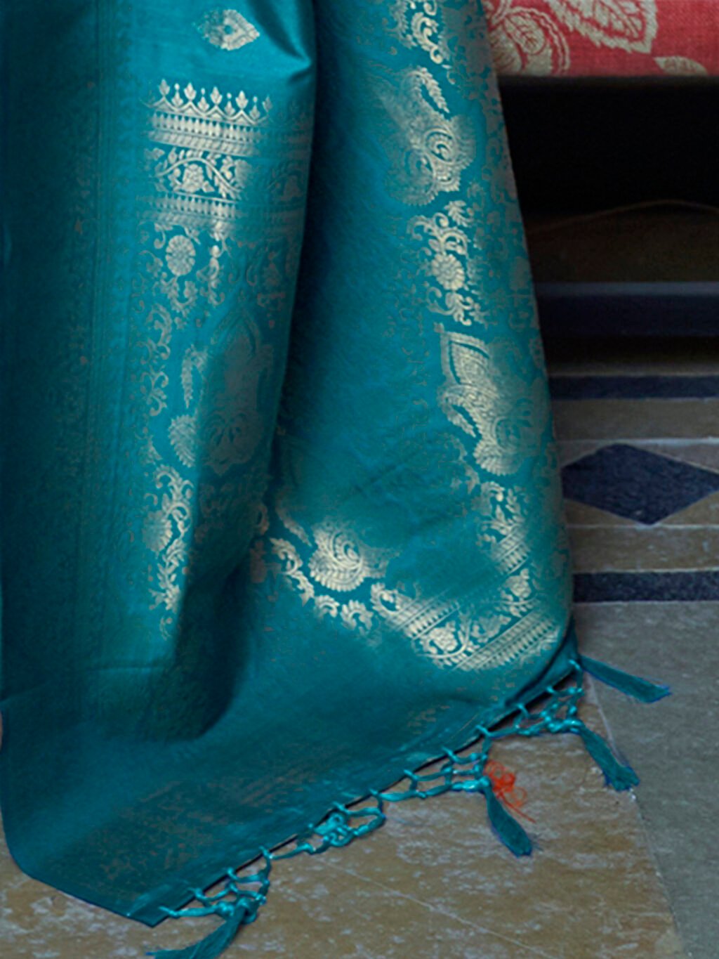 Tealblue Chanderi Silk Blend Woven Saree - Image 4