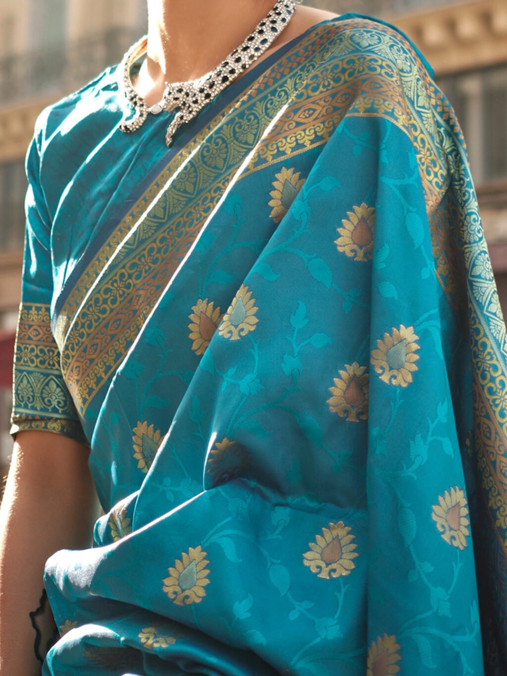 Blue Banarasi Soft Silk Woven Saree - Image 4