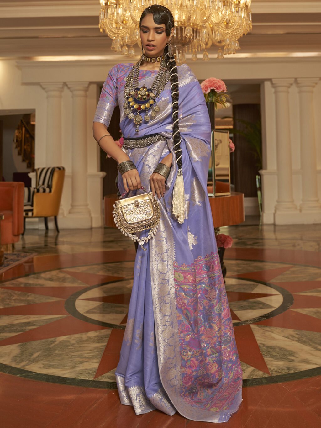 Lavender Lavendar Bagru Silk Blend Woven Saree