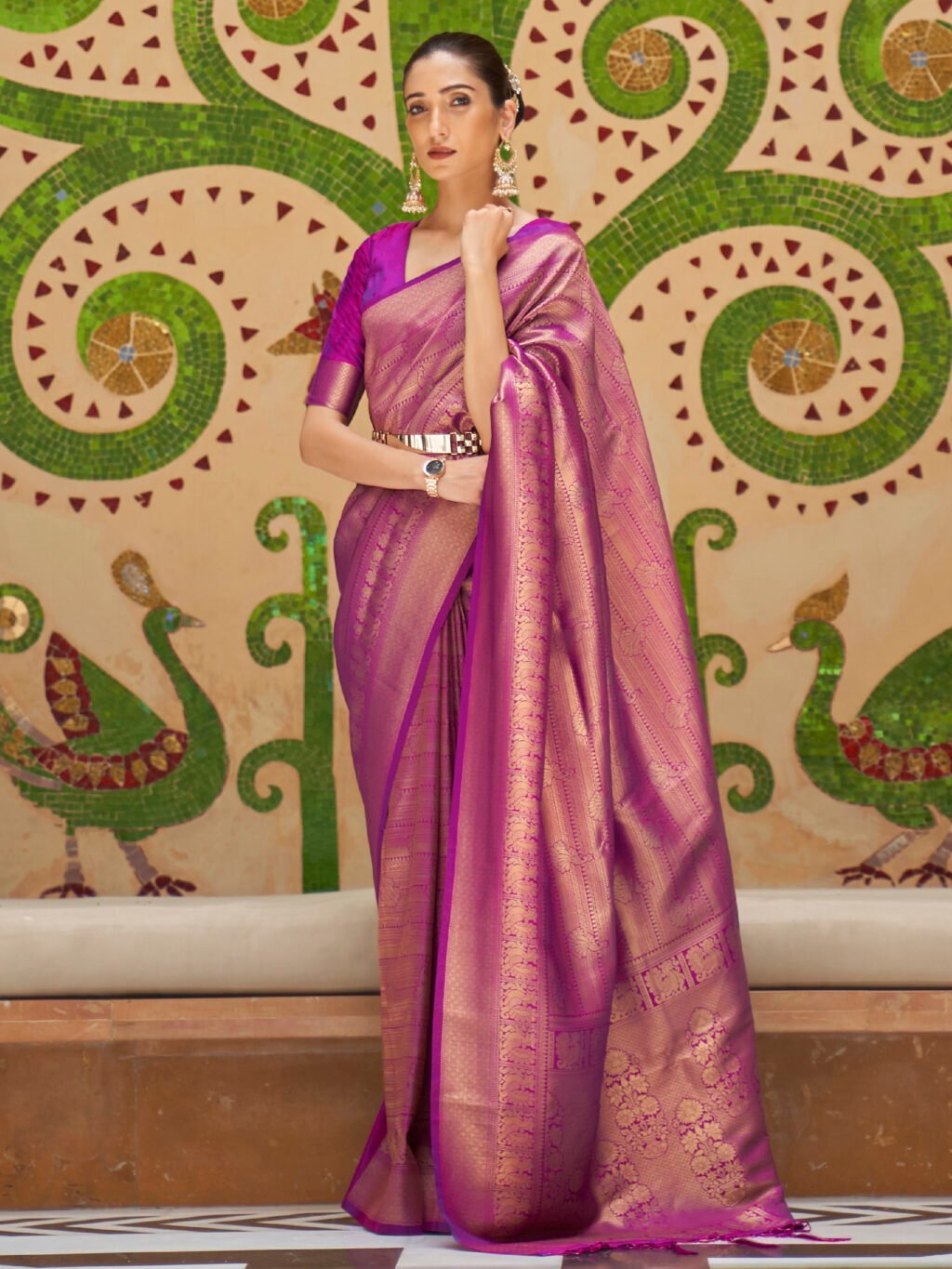 Purple  Magenta Banarasi Silk Blend Woven Saree