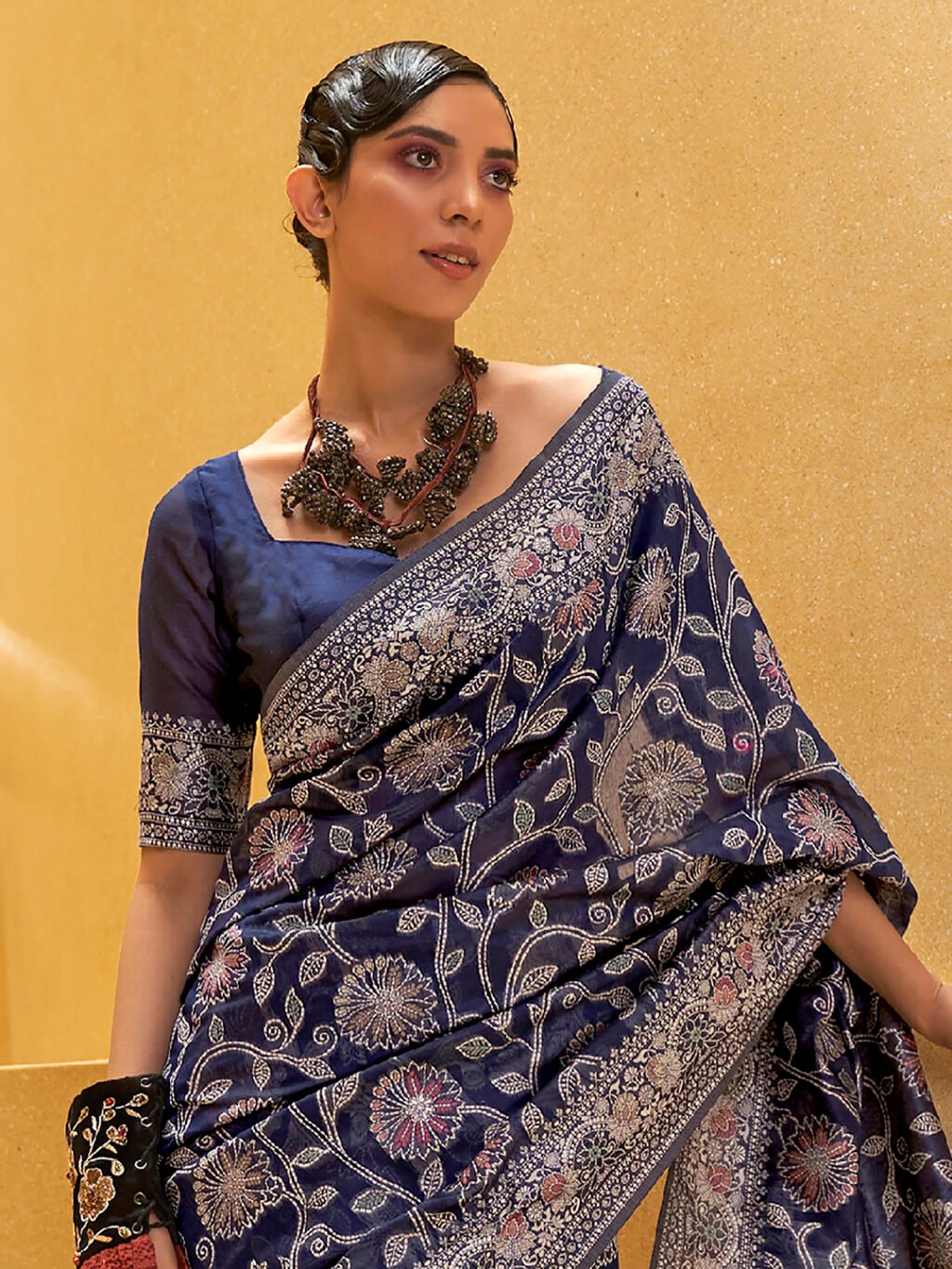 NavyBlue Muga Silk Blend Woven Saree - Image 3