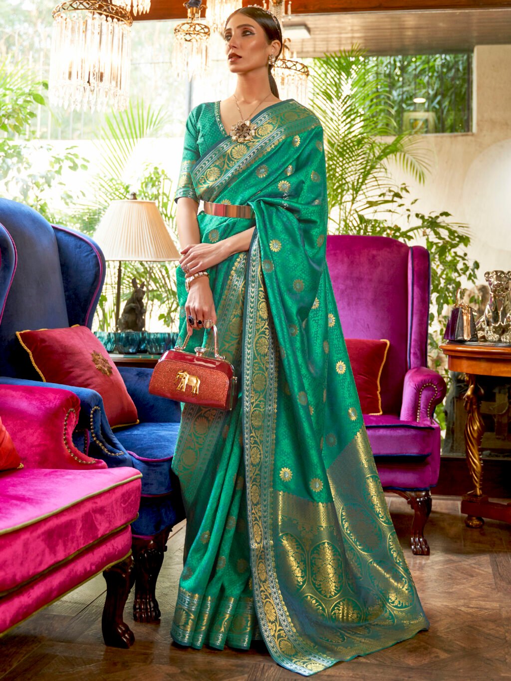 Green Tealgreen Banarasi Silk Blend Woven Saree