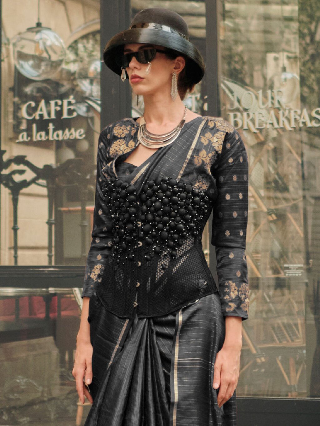 Black Banarasi Satin Silk Woven Saree - Image 3