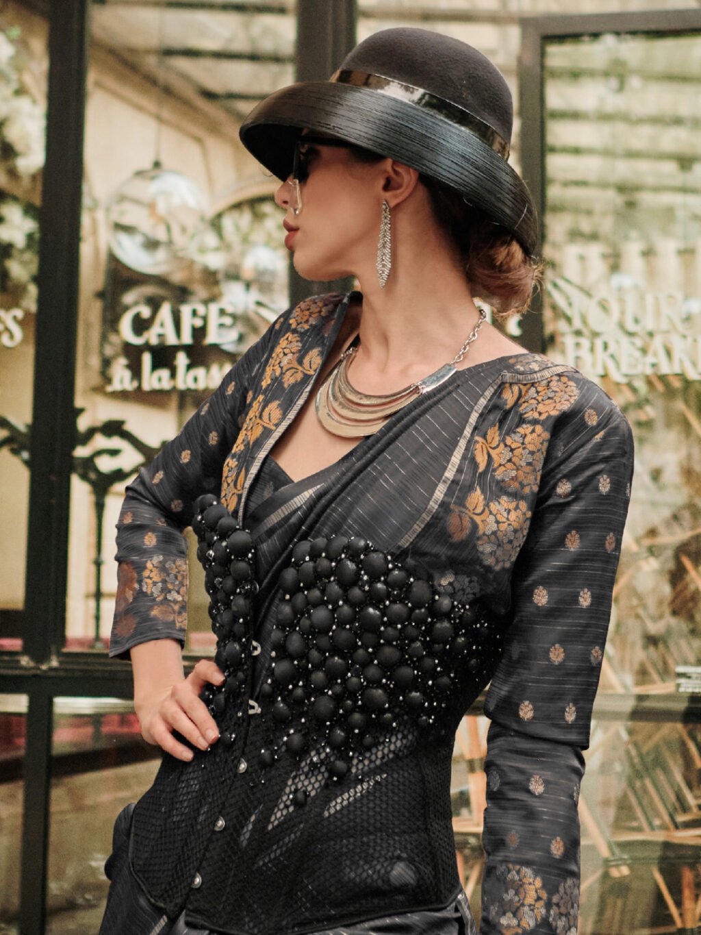 Black Banarasi Satin Silk Woven Saree - Image 4