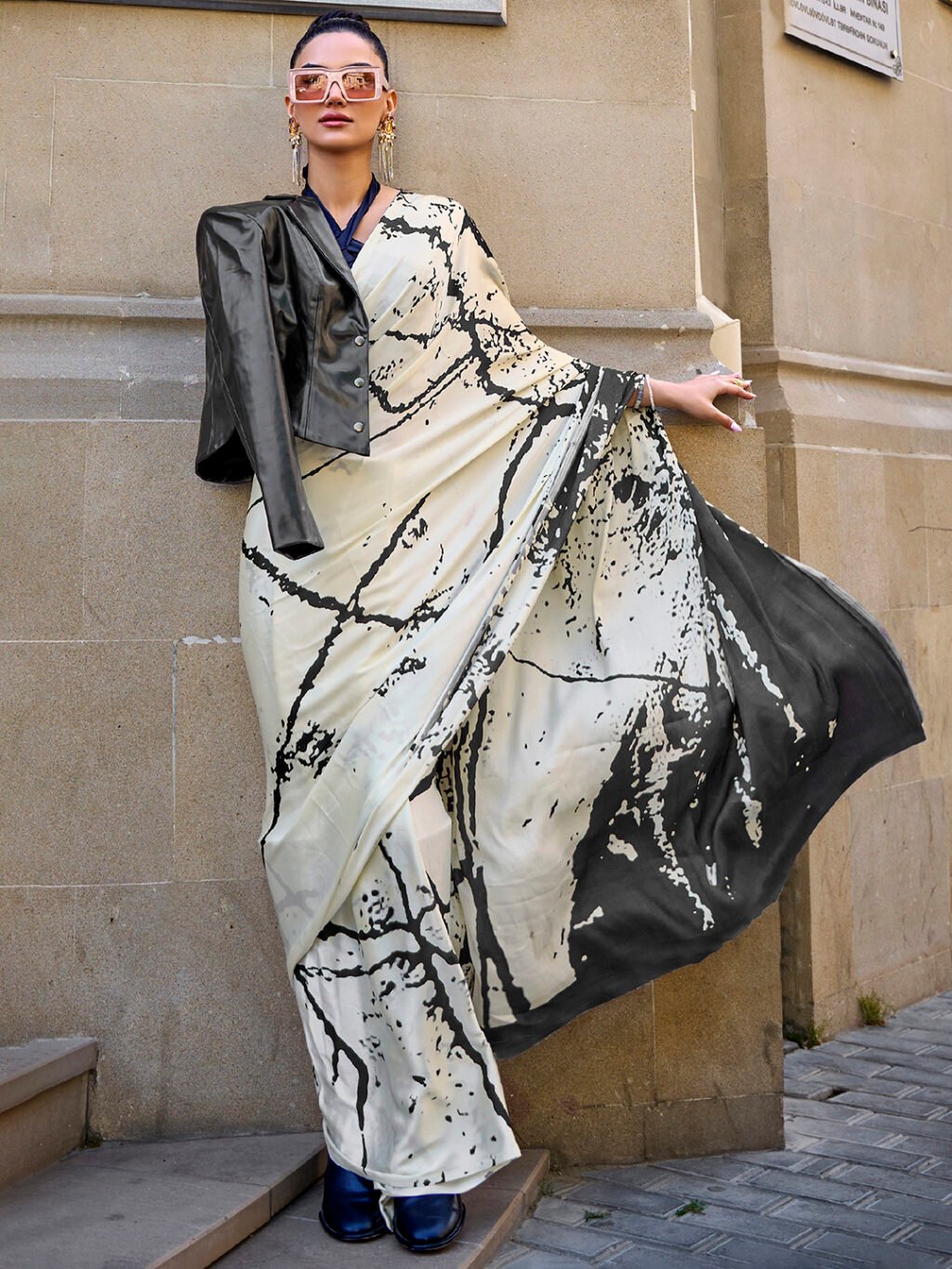 White Cream Block Print Crepe Digital Print Saree