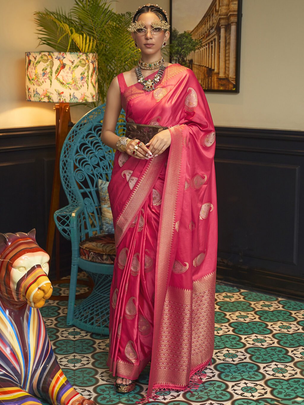 Pink Pink Bagru Silk Blend Woven Saree