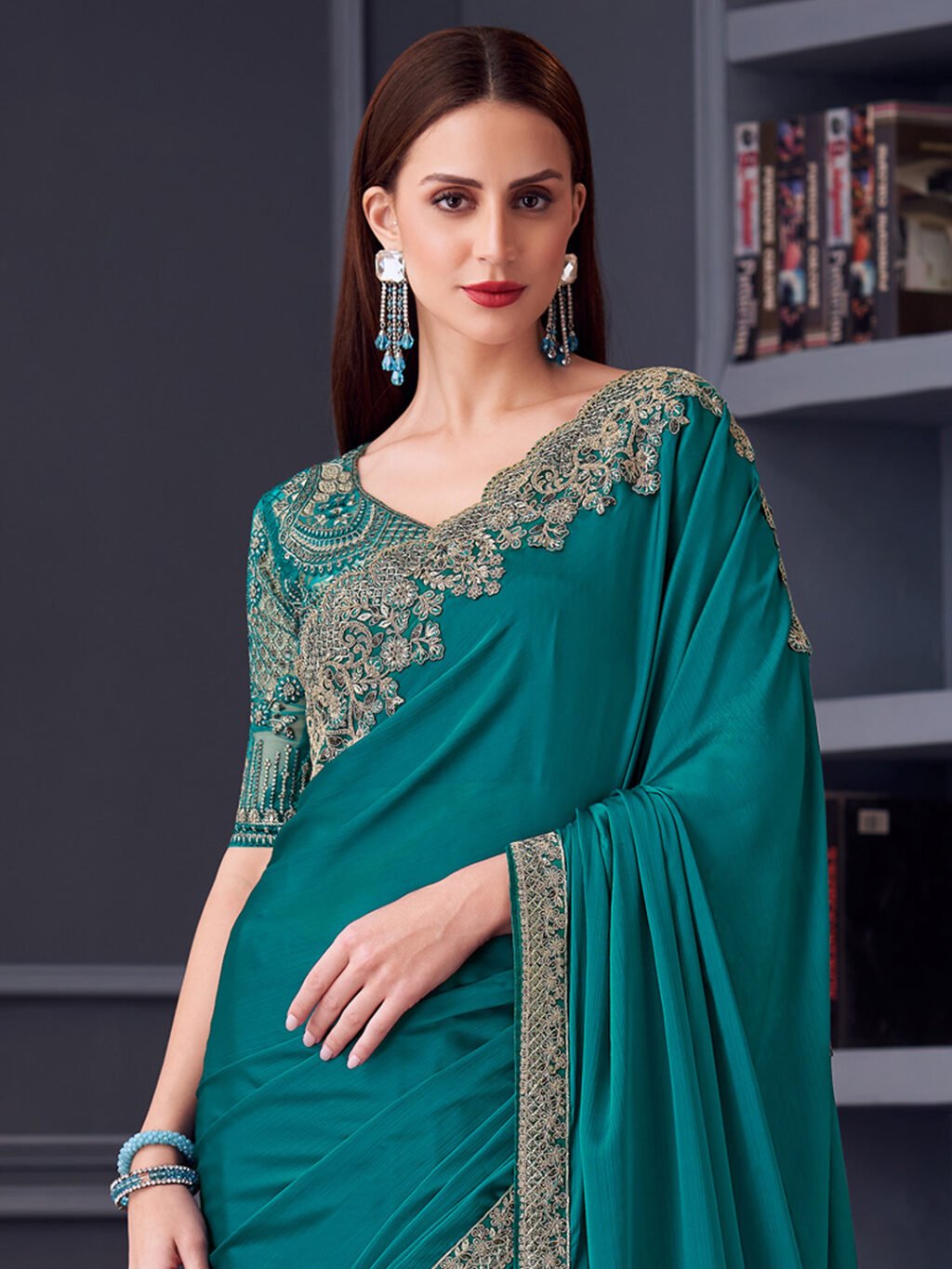 Blue Party Wear Pure Chiffon Embellished Saree - Image 3