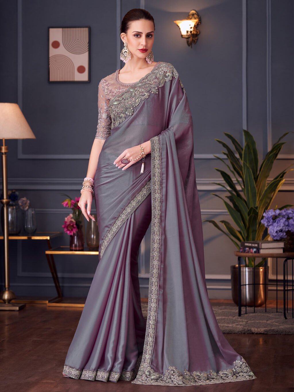 Purple Violet Party Wear Pure Chiffon Embellished Saree