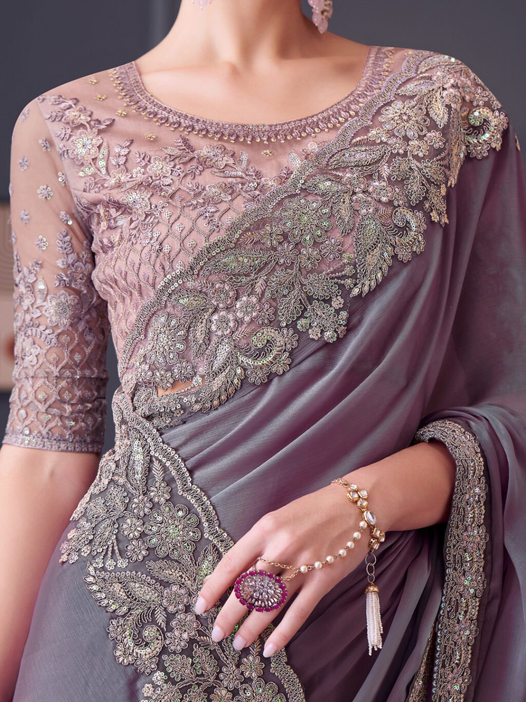 Violet Party Wear Pure Chiffon Embellished Saree - Image 4