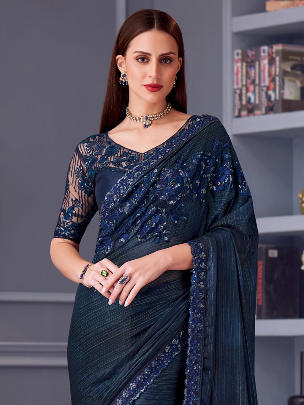 Navy Party Wear Pure Georgette Embellished Saree - Image 3
