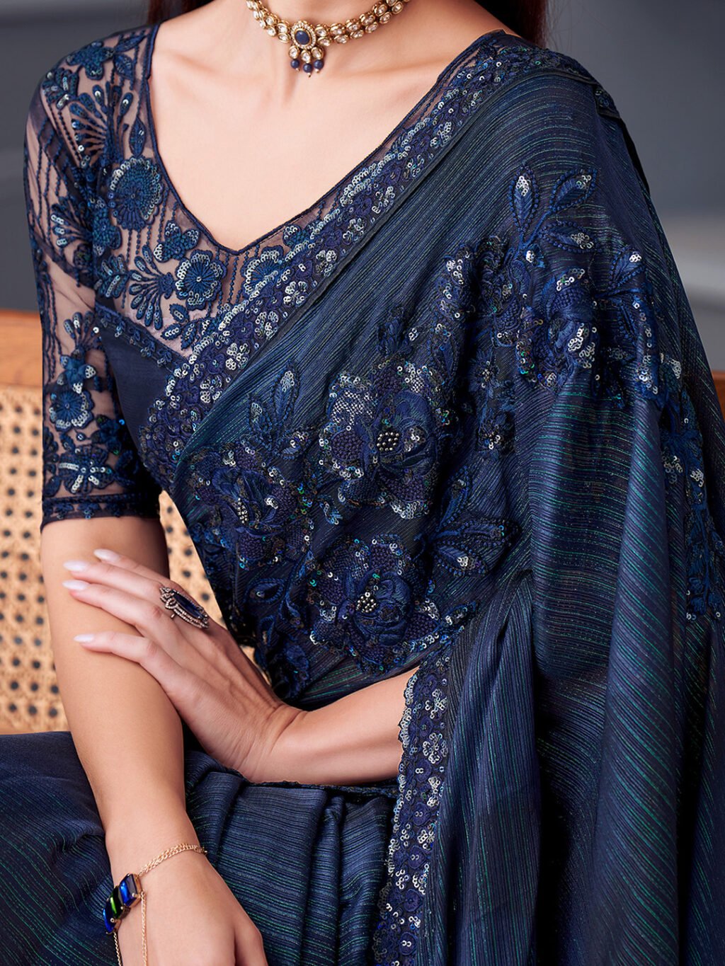 Navy Party Wear Pure Georgette Embellished Saree - Image 4
